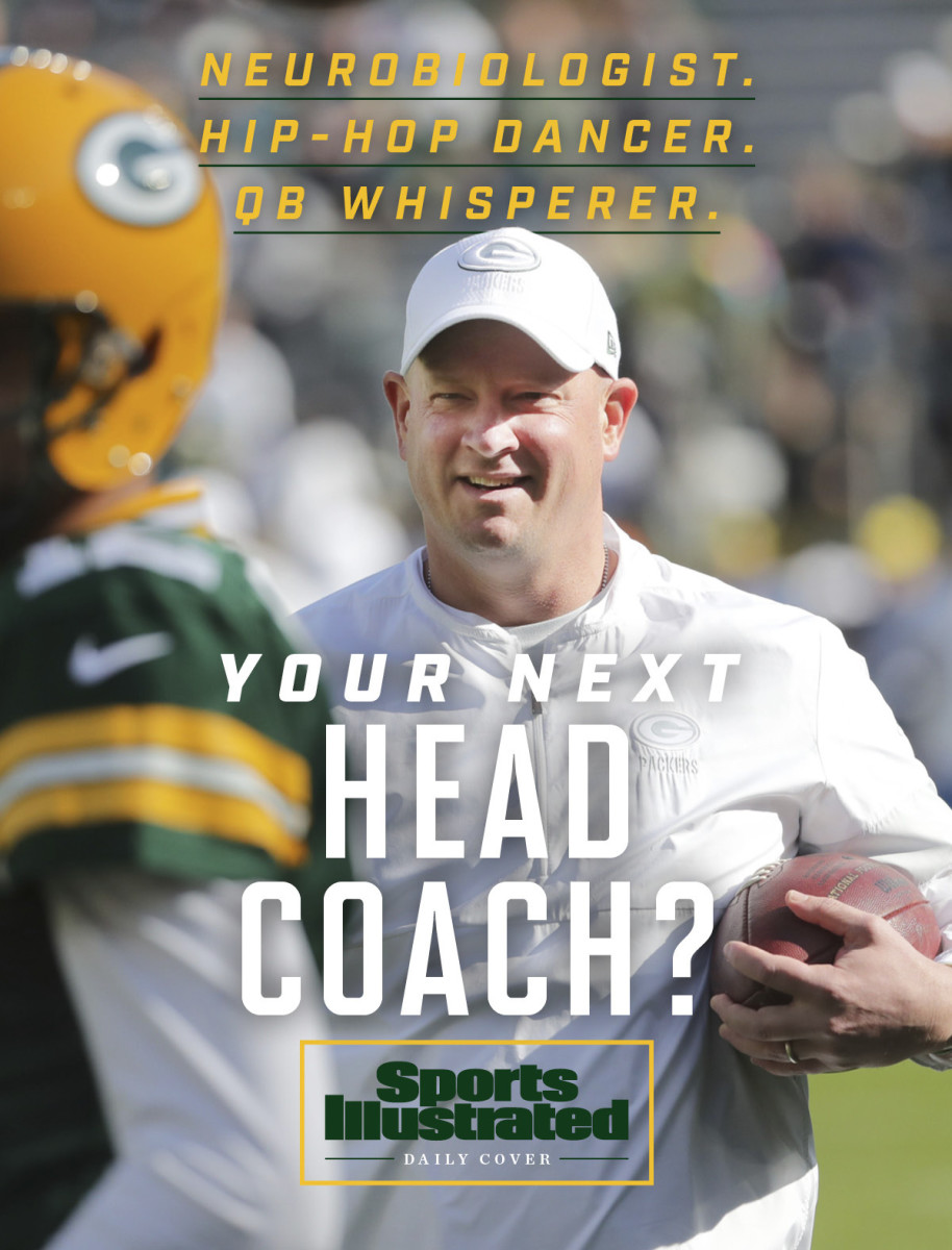 Packers offensive coordinator Nathan Hackett on the field before a game, for the SI Daily Cover